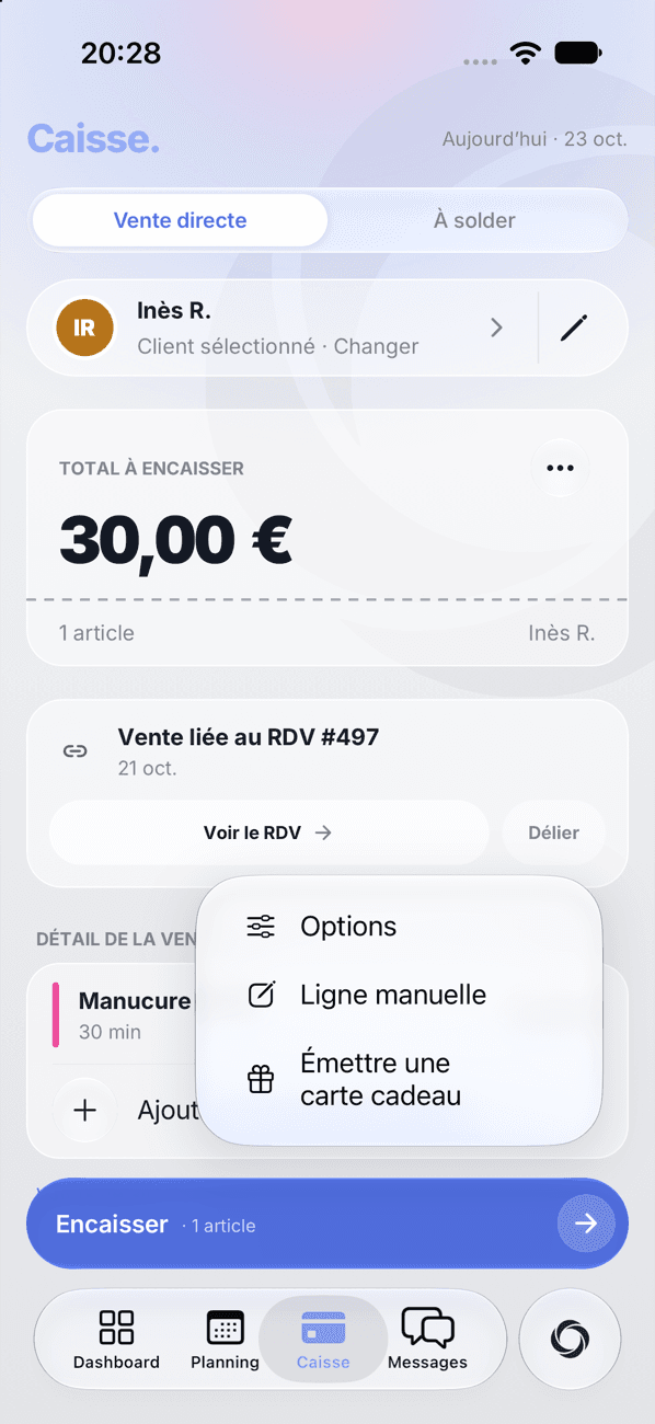 Menu des autres lignes de vente
