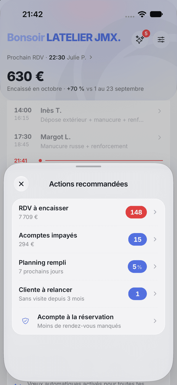 Actions recommandées du dashboard