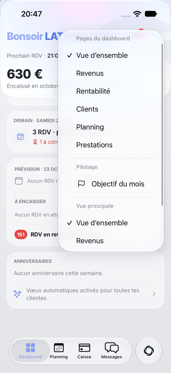 Menu des réglages du dashboard