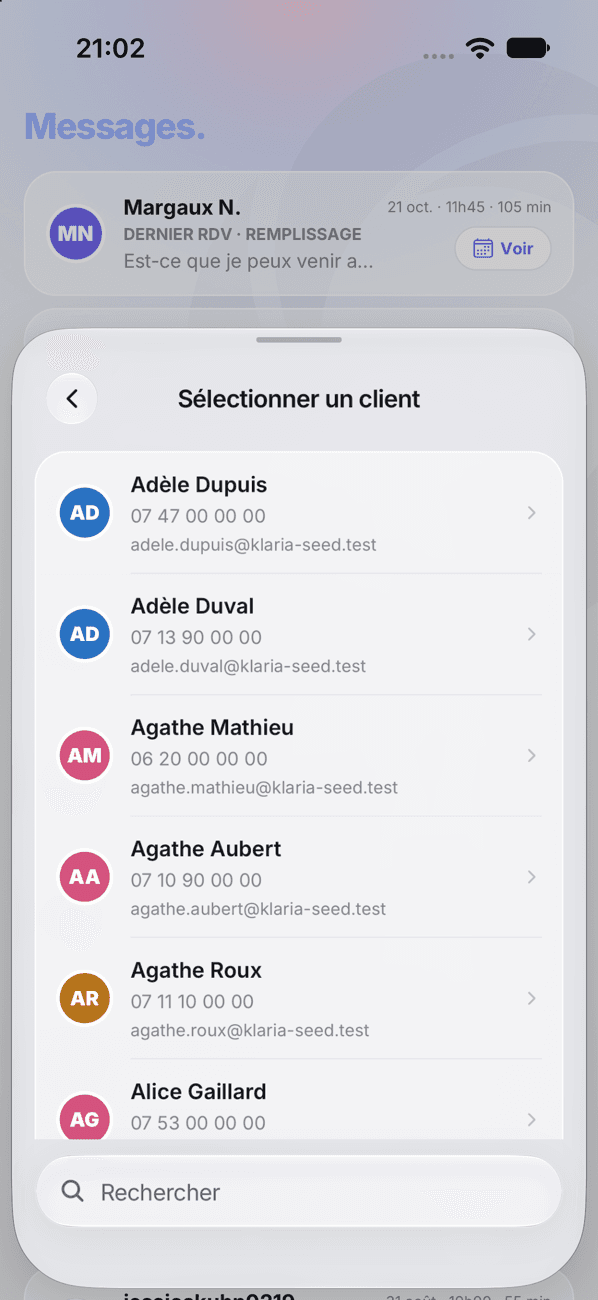 Choisir une cliente pour un nouveau message