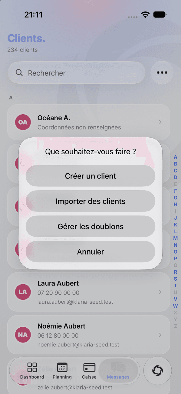 Actions sur les clientes