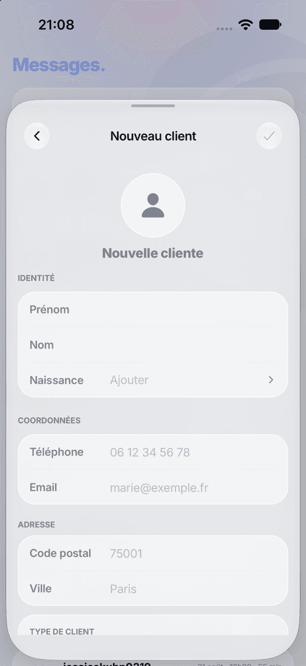 Formulaire de nouvelle cliente