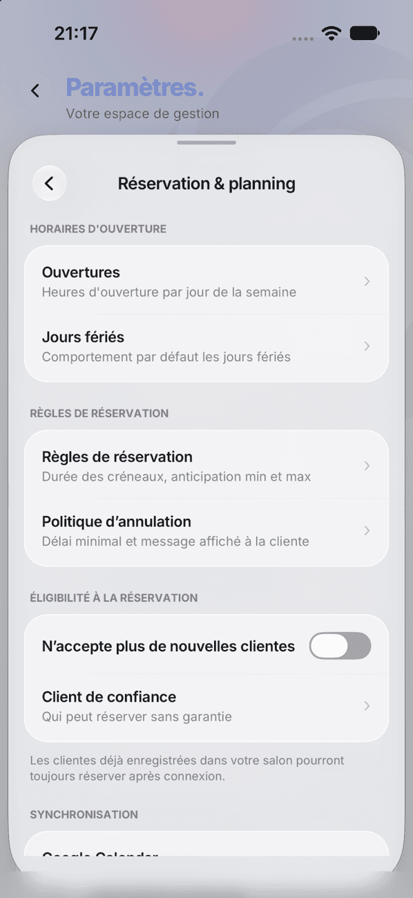 Réglages de réservation et planning