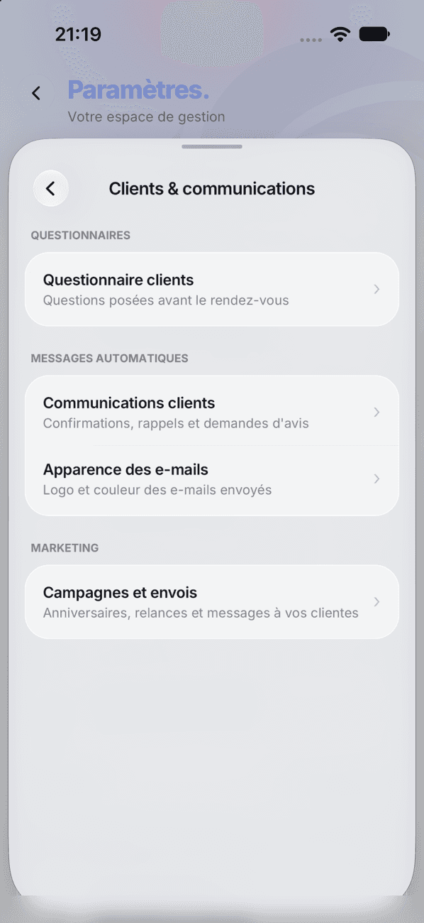 Réglages des communications