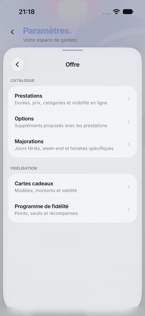 Réglages de l'offre