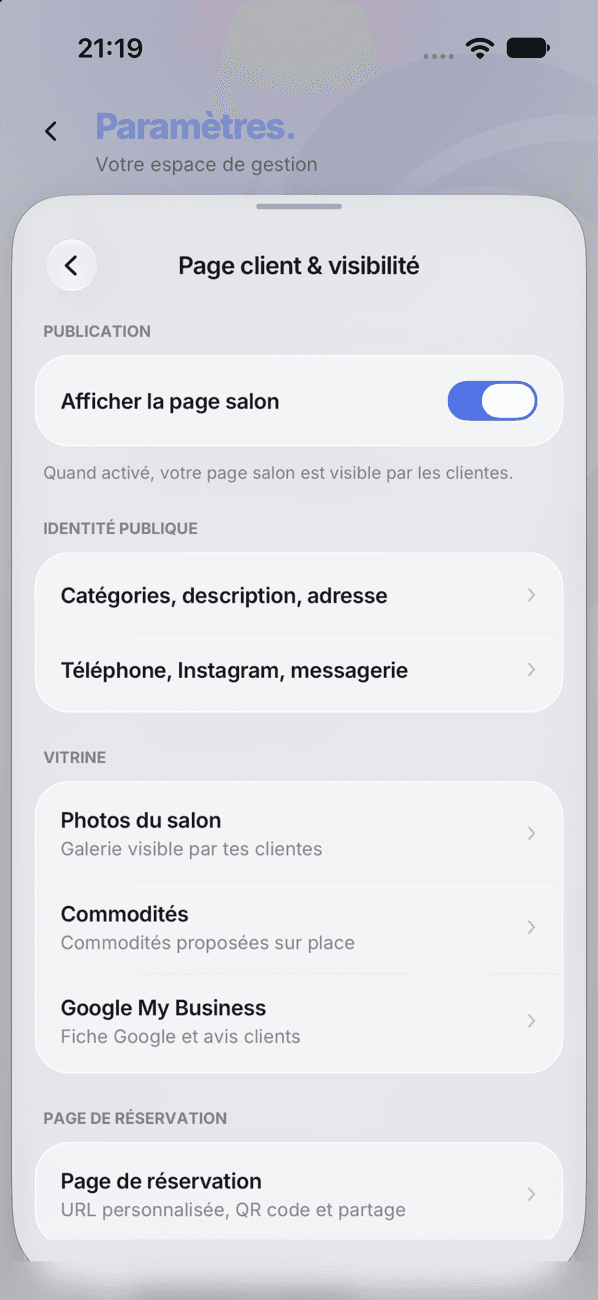 Réglages de la page client