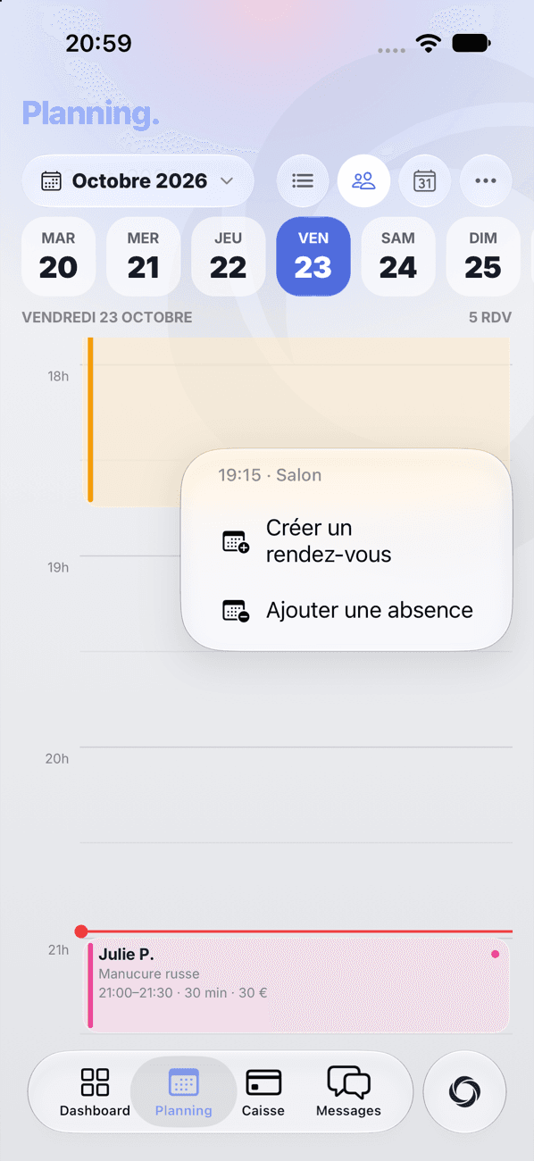 Menu d'un créneau libre du planning