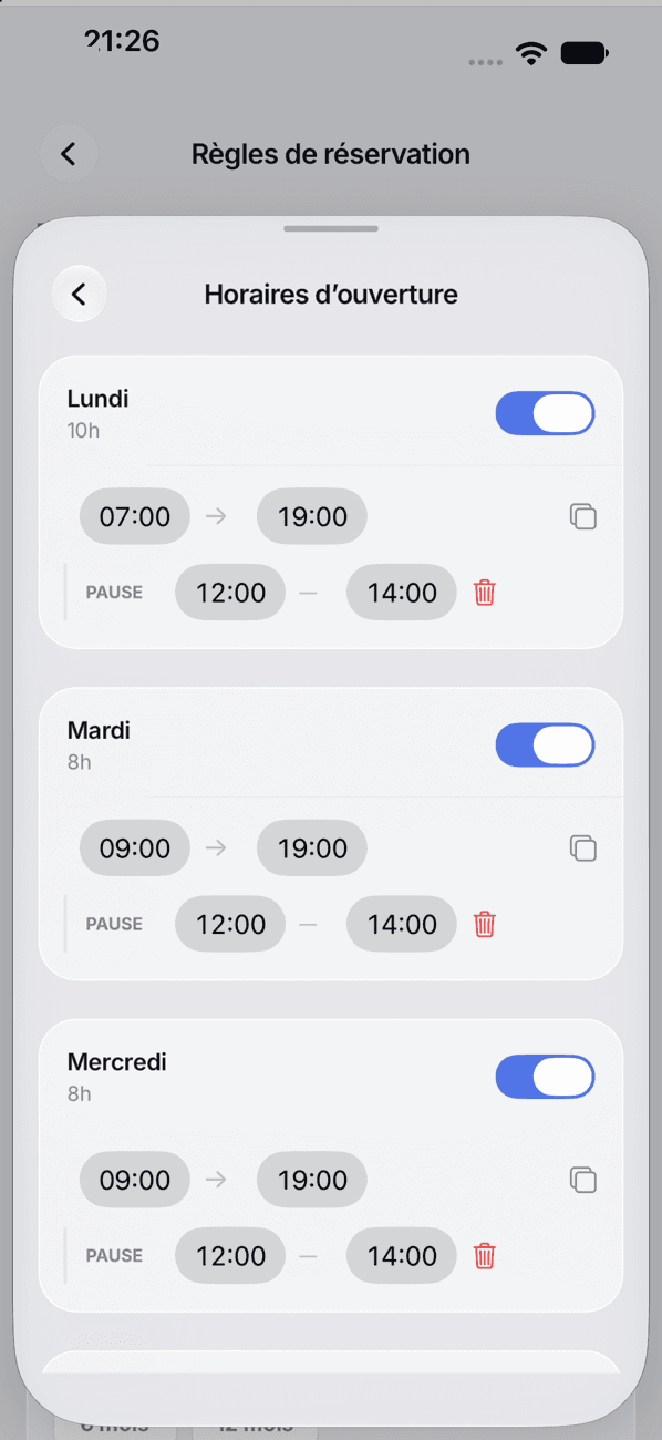 Horaires d'ouverture